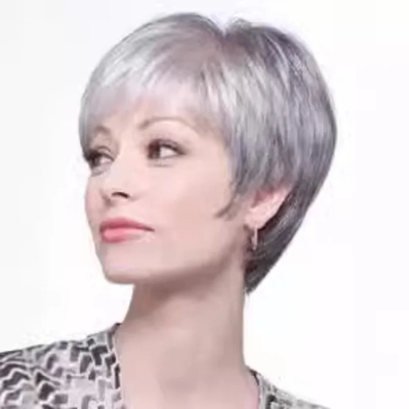 

European American women's in silver gray, short straight hair with side bangs, full wig for middle-aged and elder