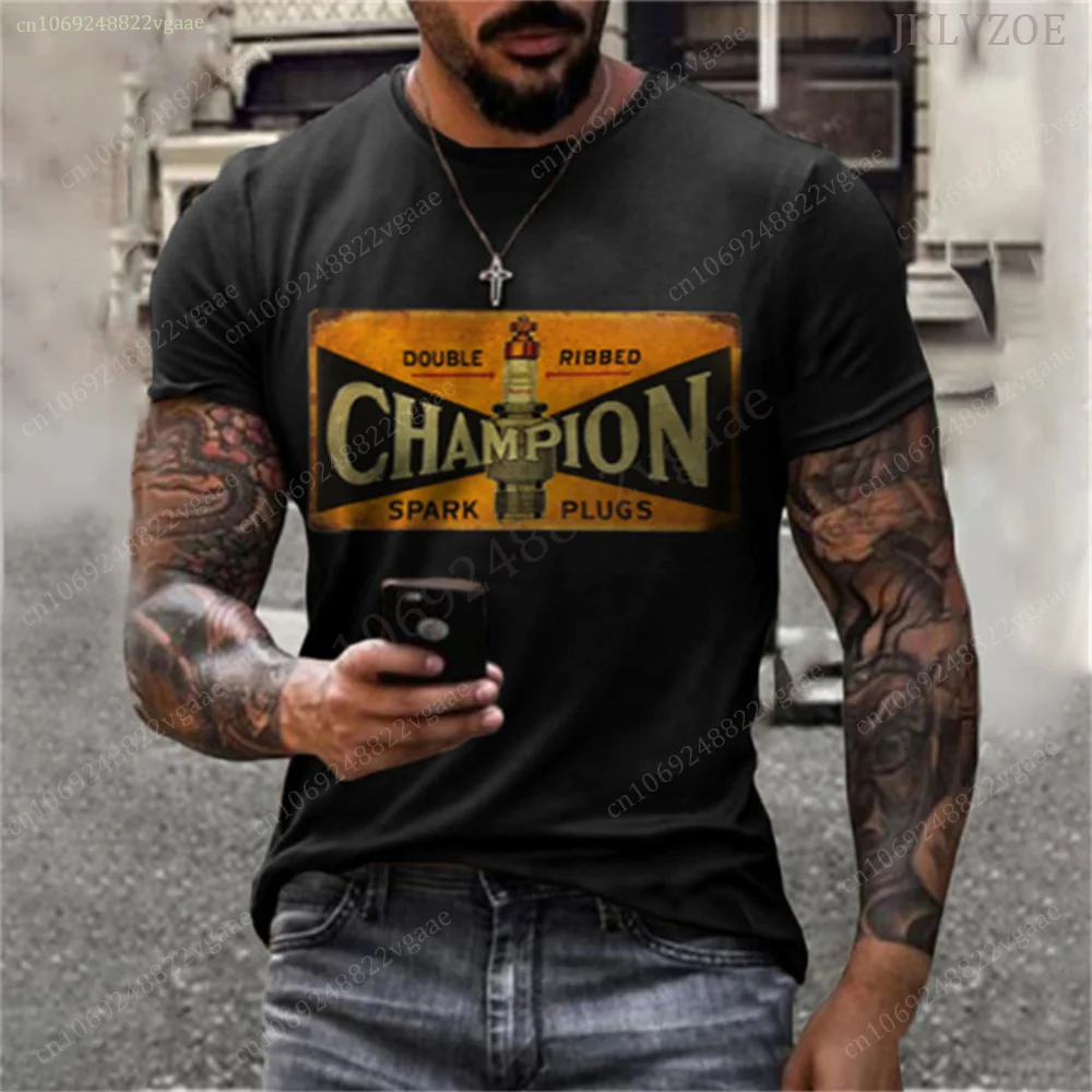 Summer Champion T Shirt Men Sparking Plug Vintage Short Sleeve Racing Tees 3D Print Male Oversized Tops Team