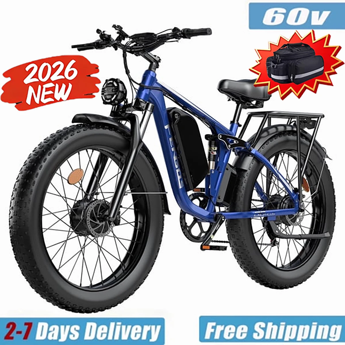 FENGQS Q8PLUS Electric Bike 6000W 5000W Dual Motor for Adults, 26"x4" Fat Tire, 52V/23Ah Battery, 45mph Top 80-100 Miles Range, Full Suspension, UL 2849 image 6
