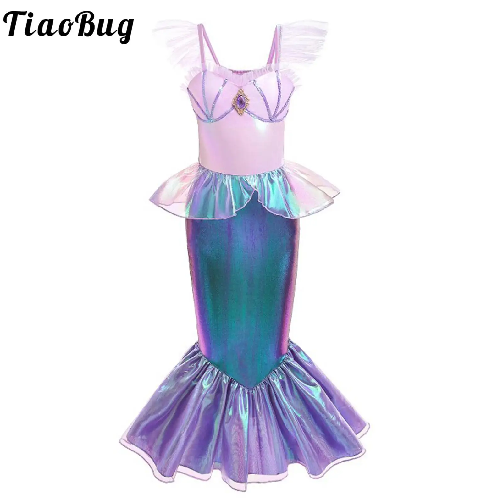 

Kids Girls Mermaid Princess Dress Birthday Halloween Cosplay Costume Sleeveless Shiny Metallic Flounce Peplum Fishtail Skirt