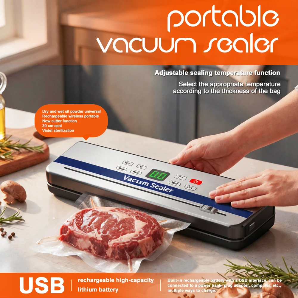ポータブルusb充電式真空シーラー-ミニ自動食品保存器、乾燥食品と湿った食品に適しています。-コンパクト真空シーラー