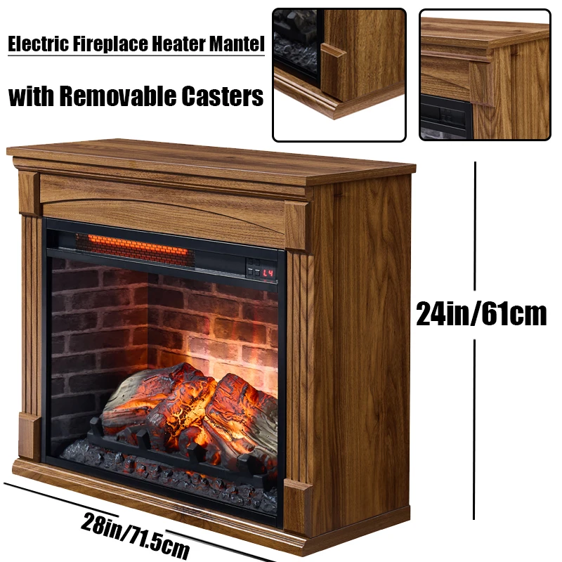 28in Electric Fireplace Heater Mantel with Removable Caster Wheel Multi-Color Flame Timer Low Noise Remote Control Operation