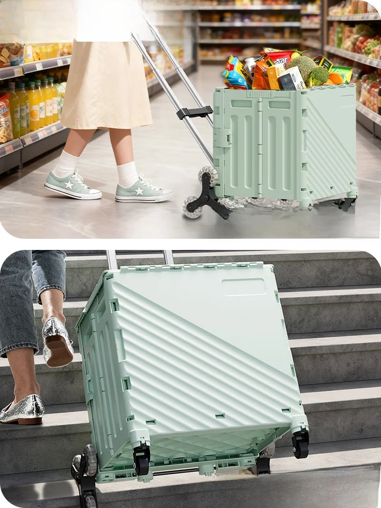 Portable Small Shopping Cart Vegetable Buying Car Hand Pull Camping Car Stall Car Plastic Body Foldable Aluminum Alloy Pole