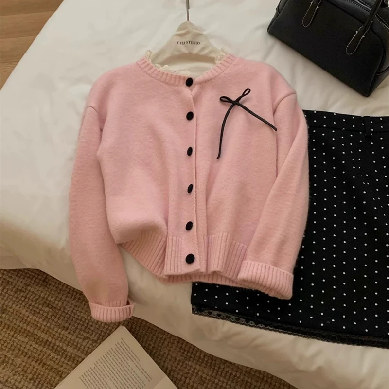 

New Sweet Cardigan Sweater Knitted Women's Long Sleeve Crew Neck Cardigan, Lace Trim Bow-Knot Knit Top, Casual Korean Style