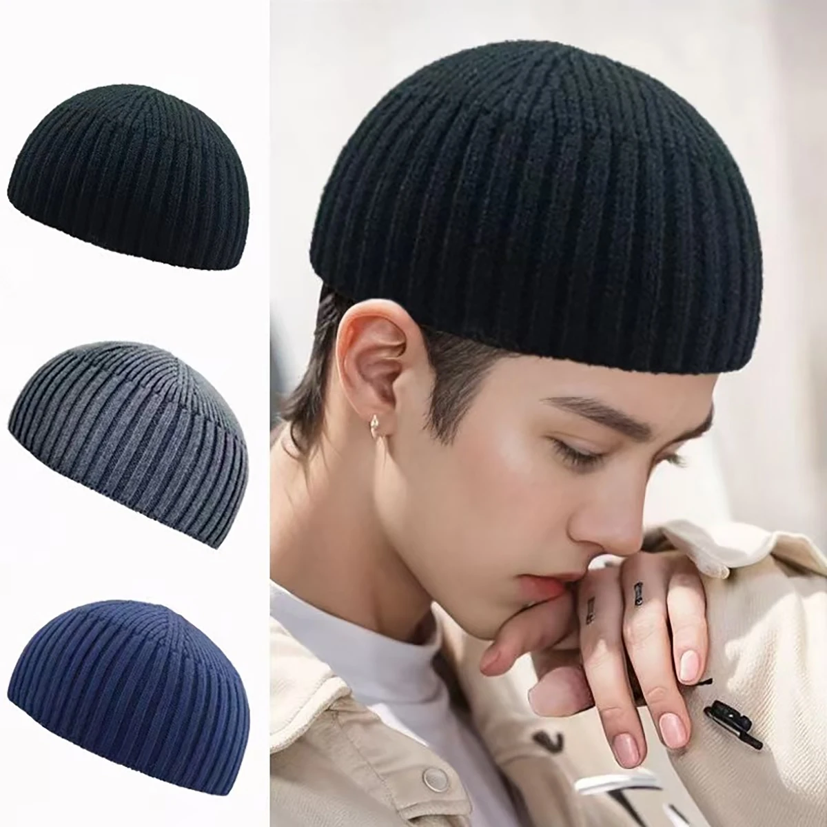 Street Solid Color Knitted Cap Brimless Keep Warm Vintage Dome Hat Elastic Melon Beanie Cap Outdoor Winter Beanie Bonnet Cap