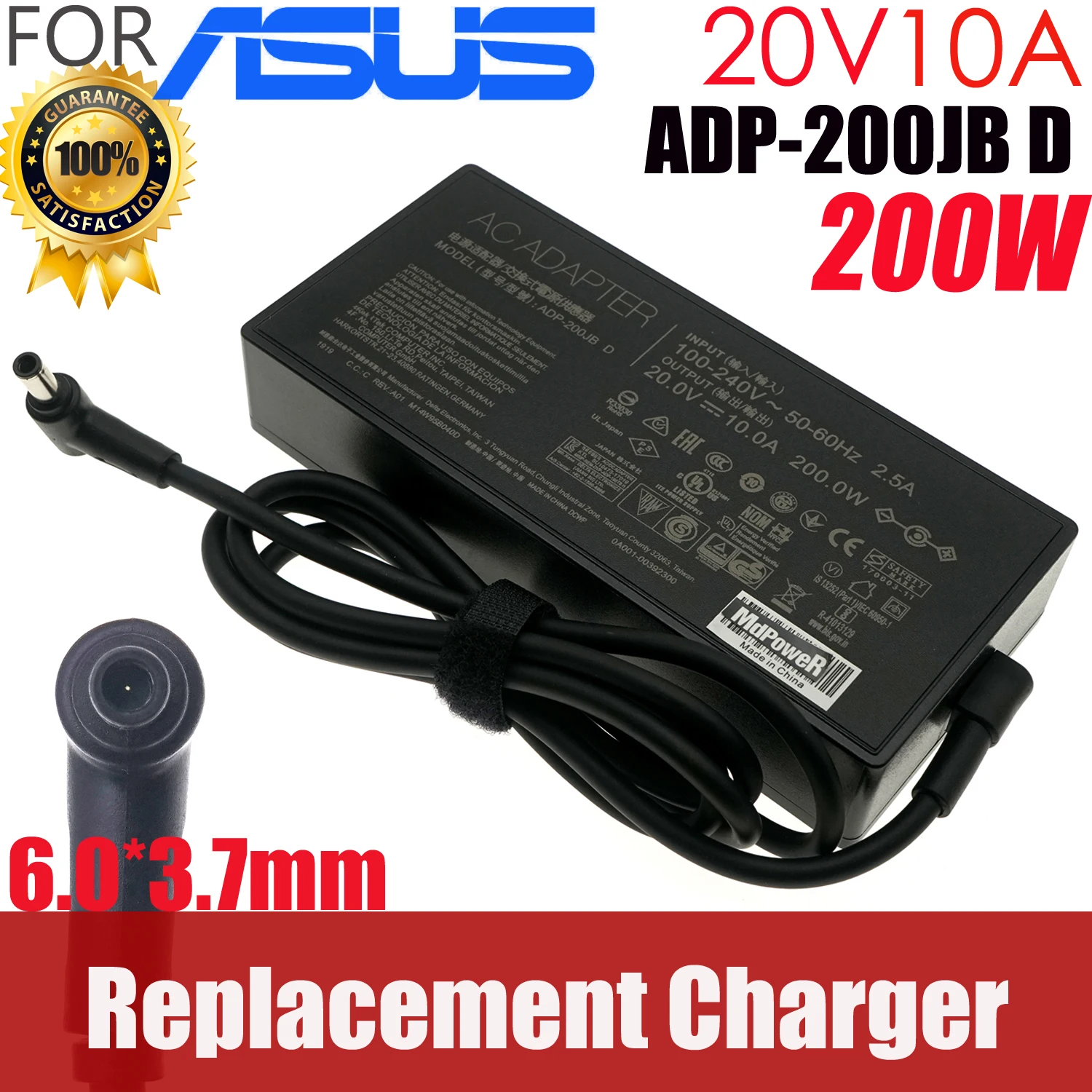 

Зарядное устройство для ноутбука 20 В 10 А 6,0x3,7 мм ADP-200JB D, адаптер переменного тока, блок питания для ASUS Rog G15 GA503QM-HQ121R GA503Q TUF DASH F15 FX516PR