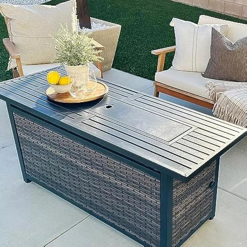 56 Inch Rectangular Outdoor Gas Fire Table with Wicker Finish | Propane Powered Heat Source | 50000 BTU Output | Dual Function D