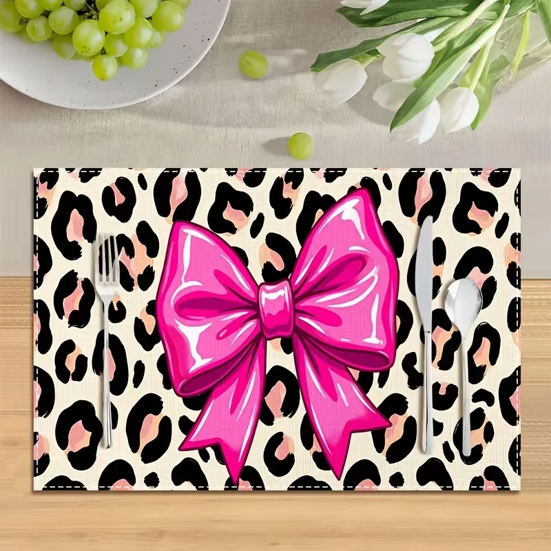 Pink Bow Leopard Print Placemat Fashion Glitter Bow Leopard Pattern Table Mat Stain-resistant Dining Pad for Kitchen