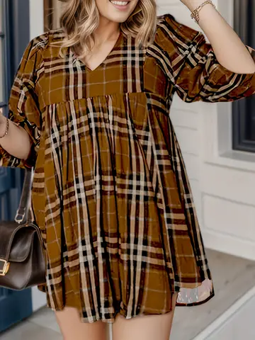 Women's oversized woven summer season plaid dress