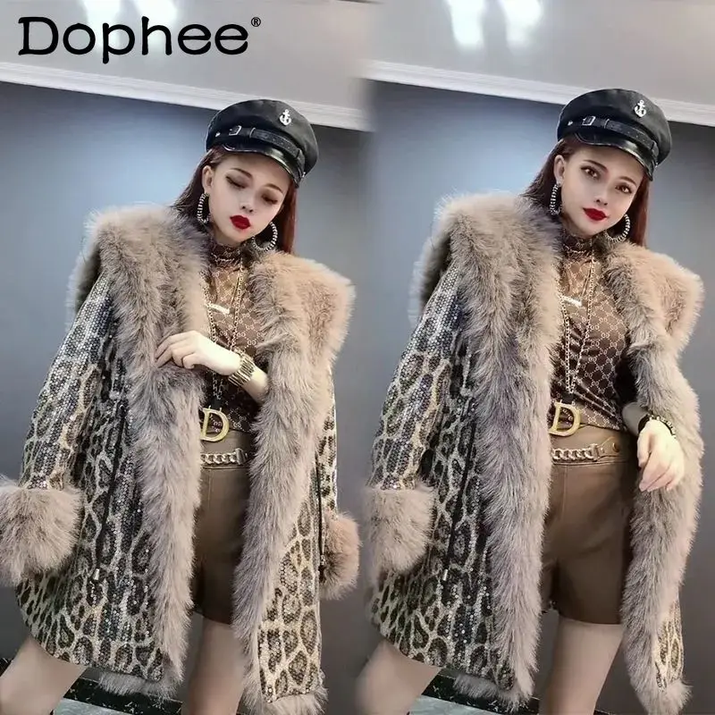 Winter Korean Version Fashion Heavy Industry Sequined Big Fur Collar Coat Mid Length Cotton-padded Clothes Women's Faux Fur Coat