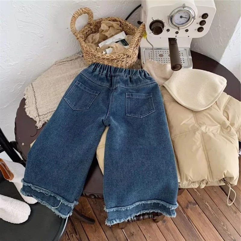 Girls' Jeans Spring New Frayed Loose Casual Trousers Trendy Children One Piece Dropshipping