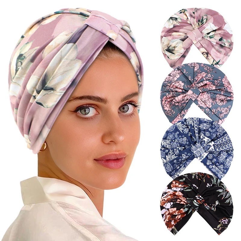 New Bohemia Floral Print Turban Pre Tied Knot Pleated Muslim Hijab  Head Wrap Stretchy India Hat Bonnet Chemo Caps Beanie Hat