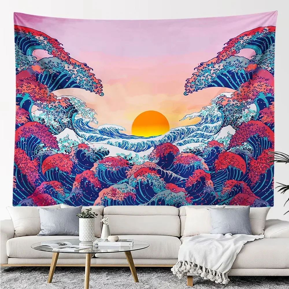 1pc Bohemian Kanagawa Large Wave Wall Tapestry Wall Hanging Beautiful Room Decor Japanese Landscape Print Large Size Fabric Home