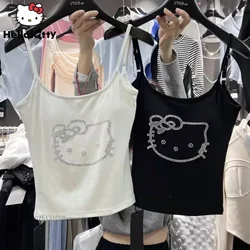 Hello Kitty Faux Diamond Cute Cartoon Slim Camisole Tops Y2k Sanrio Women's Fashion Sweet Tops with Chest Pads Sexy Clothes