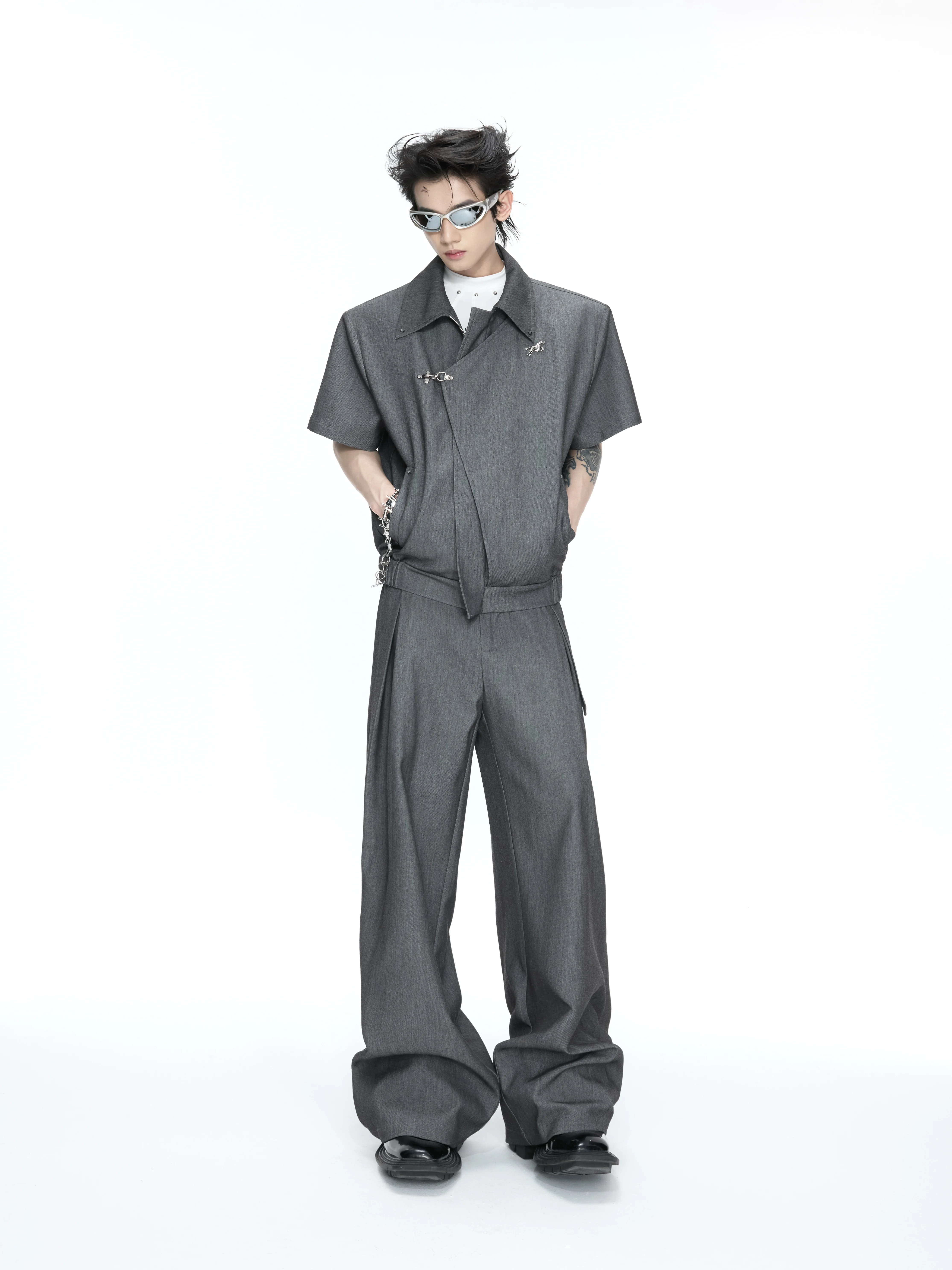 

Argue Asymmetric Short Sleeve Jacket Set Breathable Cool Sensation Deconstructed Youth Fashion Cotton Unisex Spring Summer