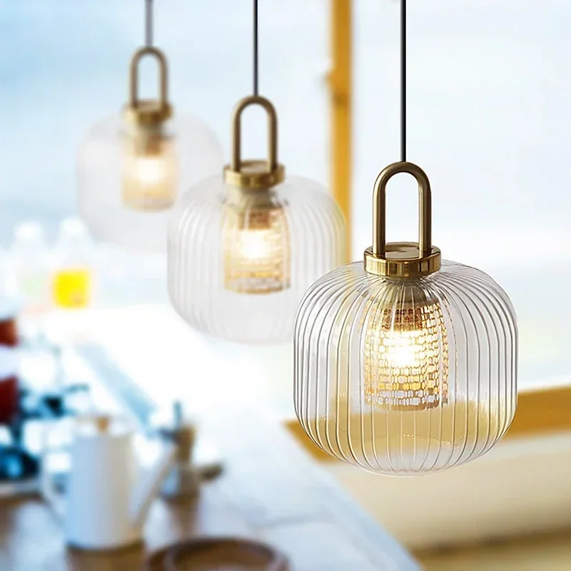 TechHPSingle Head Glass Lantern Pendant Lamp Modern Simple Striped Light For Living Room Bedroom
