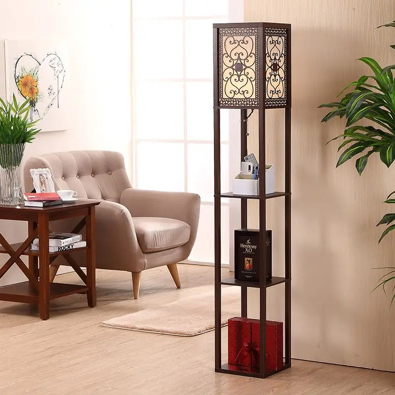 Modern New Chinese Minimalist Wood Standing Lamp with Storage Shelf Multi Scene LED Floor Light