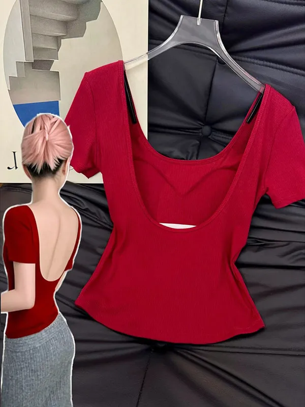 Red Backless Short Sleeve T-Shirt Women's Summer Slimming Short Style Belly Show Top Trendy plus Size Korean Style Commute