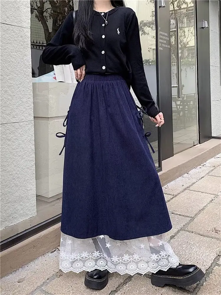 تنورة نصف تنورة جديدة من الدانتيل لعام 2025 للنساء لربيع وصيف تنورة طويلة فضفاضة للتخسيس على شكل حرف a