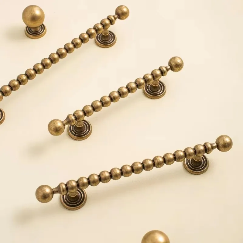 Polished Antique Copper Cabinet Round Ball Long Pulls High End Brass Shoe Cabinet Handles French Retro Dark Cabinet Door Handle