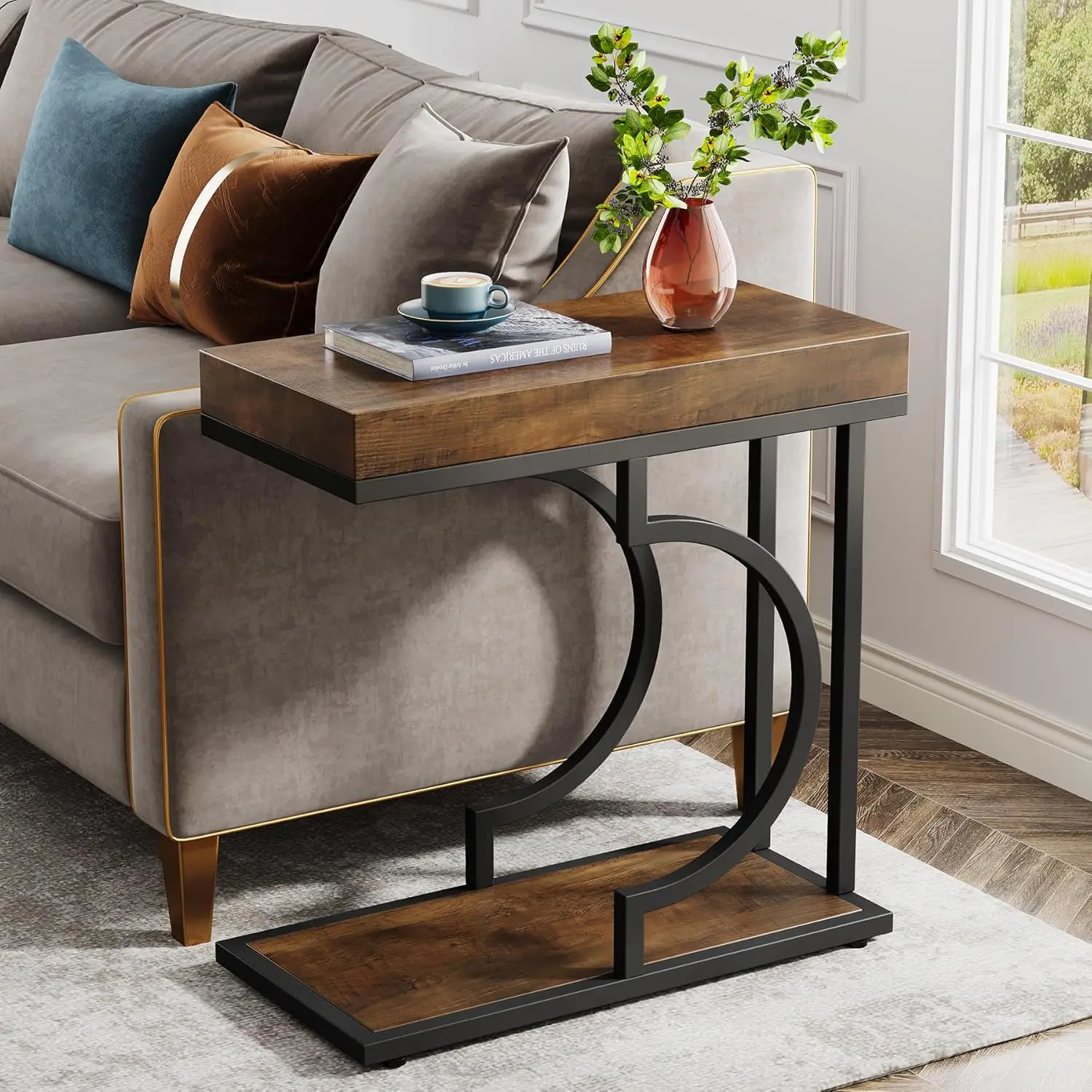 

Narrow Side Table Brown Black C Shaped End Table Modern Bedside Tables for Couch, Small Sofa Tables with Metal Frame