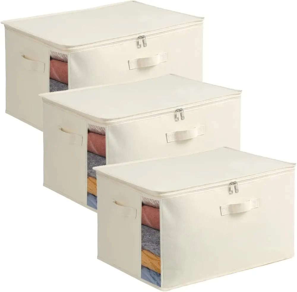 Large Canvas Storage Bags for Clothes and Blankets, 3-Pack with Dual Zippers and Handles