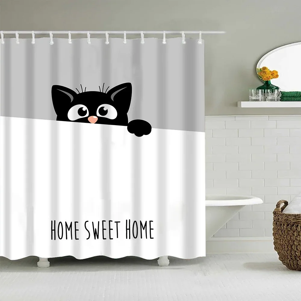 Puppy Cat Cute Cartoon Shower Curtains Washable Fabric Polyester For Bathtub Art Bathroom Decor Partition With Hooks Waterproof