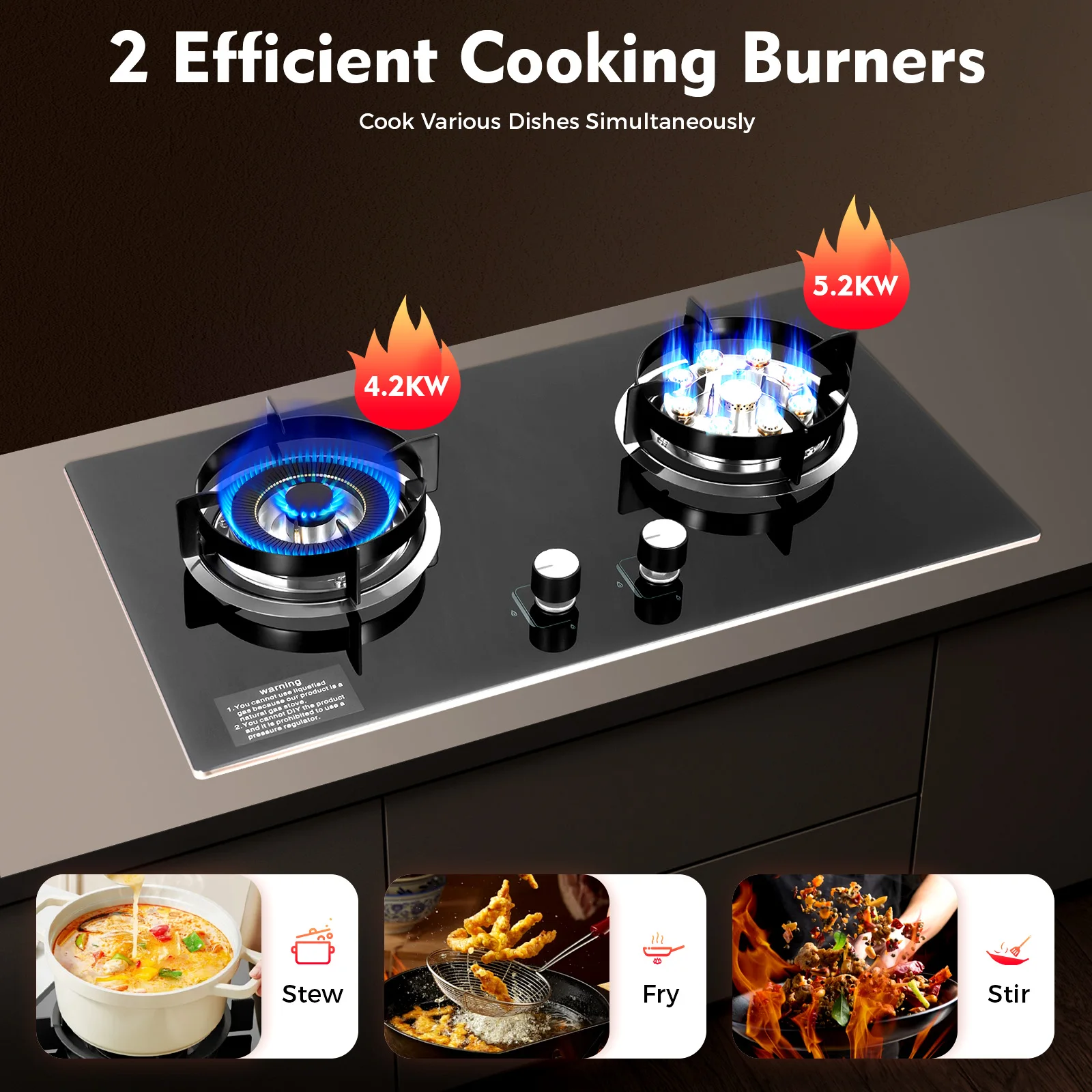 

2 Burner Gas Stove，Gas Cooktops，Drop-in Natural Gas Cooker for RV Apartments & Outdoor Camping Cooking