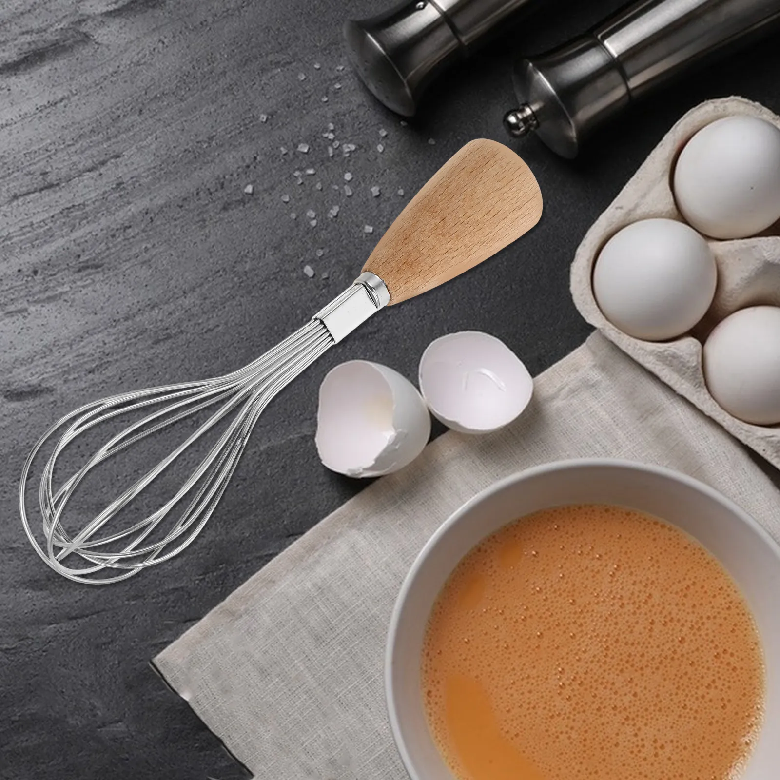 Mini Stainless Steel Wood Handle Elongated Hand Whisk for Egg Beating Cream Mixing Sauce Stirring Outdoor Cooking Baking