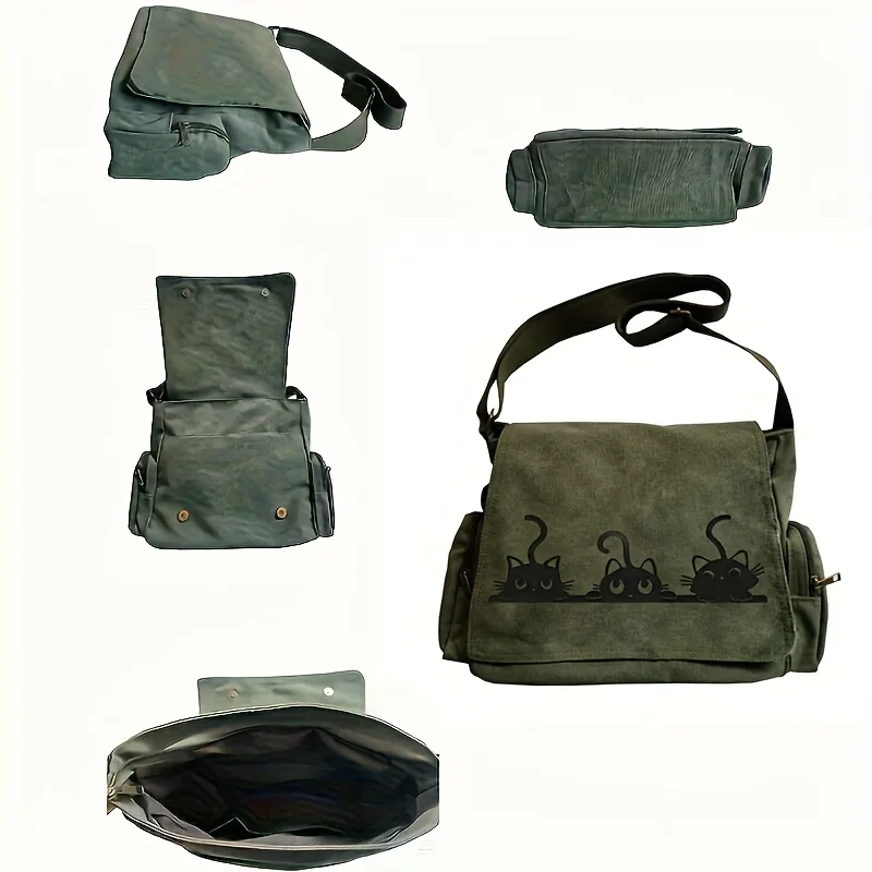 Kawaii Cat Trio نمط حقائب كتف سعة كبيرة قماش المرأة حقيبة كروسبودي التوى نزهة يومية حقيبة ساعي #3