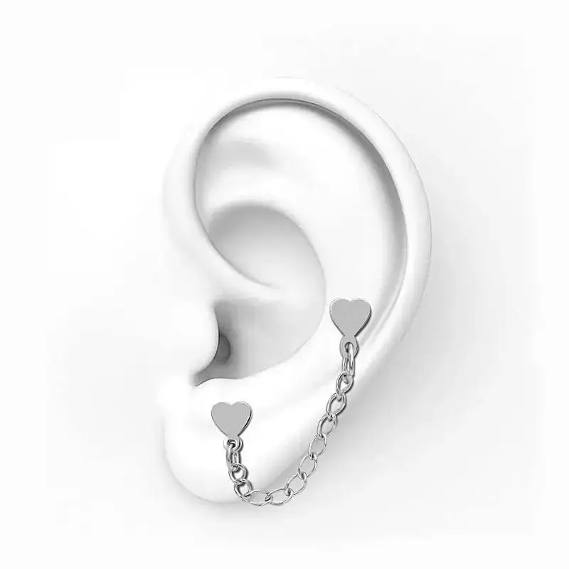 1/3pcs Stainless Steel Love Heart Double Ear Hole Cartilage Tragus Helix Stud Earrings With Chain Fashion Piercing Jewelry