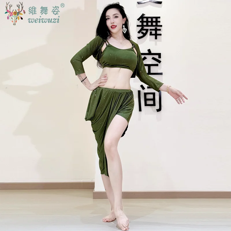 

Одежда для практики танца живота для женщин, усовершенствованный сетчатый комплект с блестками, тренировочная профессиональная одежда для танца живота, наряд для восточных танцев