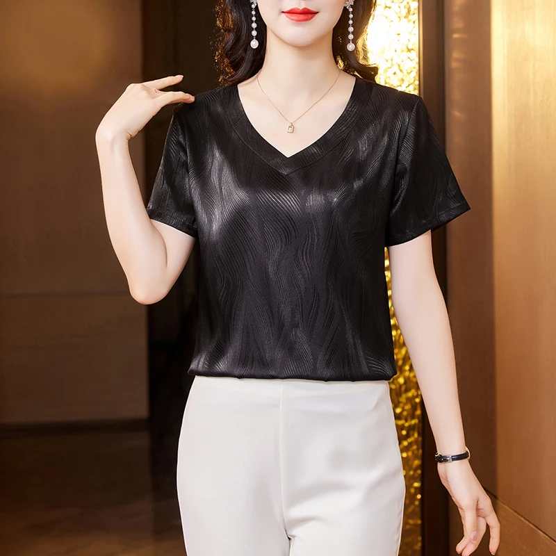 2024 브이넥 반팔 블라우스, 실크 새틴 블라우스, 한국 패션, 여름 신상