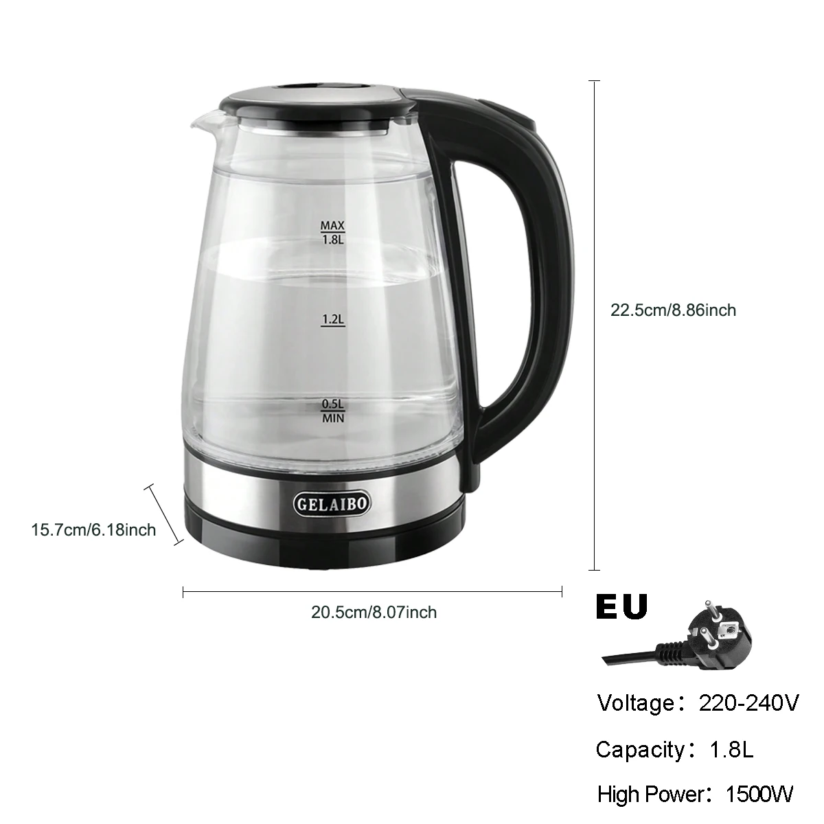 غلاية ماء كهربائية 1.8 لتر ، غلاية ماء شاي ، مناسبة للمياه الساخنة والقهوة والشاي ، مع إغلاق أوتوماتيكي ، وظيفة حماية الغليان، BPA غير مدرجة ، مصباح LED، غلاية مياه وسخان من الزجاج والفولاذ ،مثالية للمنزل والسفر