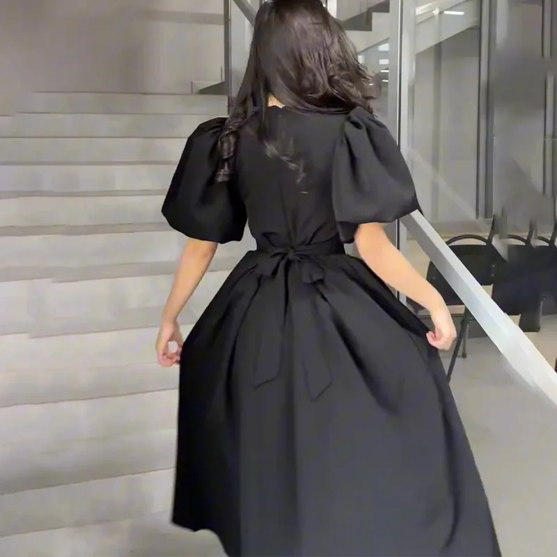 Frauen Kleider O Hals Hohe Taille Kleid Knöchel Länge Solide Vestidos Puff Sleeve Lose Fit Casual 2025, Herbst Leichte Strech