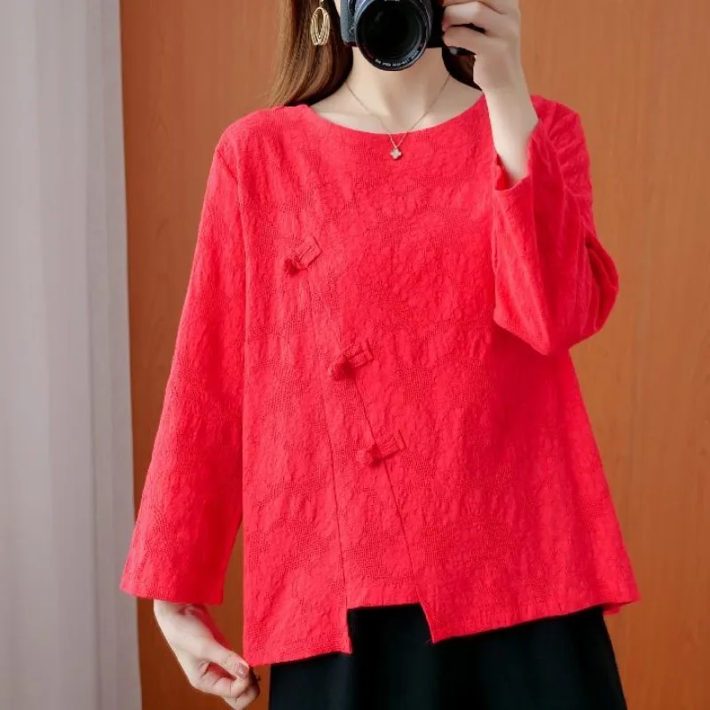 Clothes for Women Chinese Style Vintage Jacquard Elegant Cotton Linen Blouse Ladies O Neck Long Sleeve Loose Irregular Chic Tops