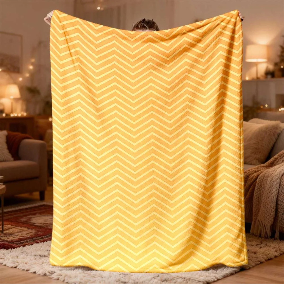 Chunky Yellow Chevron Zigzag Throw Blanket Cozy Knit Decorative Fleece Fall Winter Sofa Bed Decor