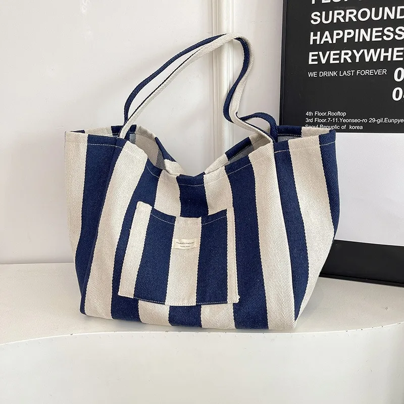 Literary handbag simple small fresh striped canvas bag casual fashion large capacity shoulder women's bag