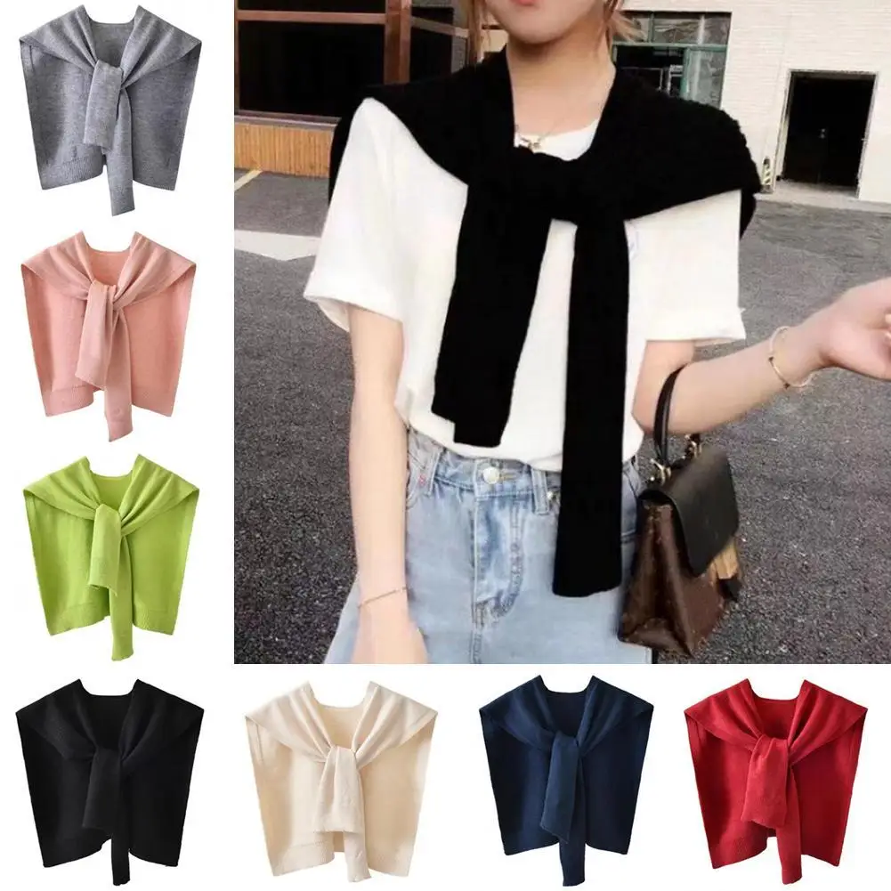Korean Knitted Shawl Wraps Hijab Summer Air Conditioning Fake Collar Neck Guard Knit Thin Knotted Cape Shoulder Scarf For Women