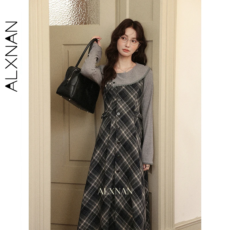 

ALXNAN Women's Plaid Dress V-Neck Hidden Buttons Waist-cinching A-Line 2025 Autumn Sleeveless Retro Elegant Long Dress L57506