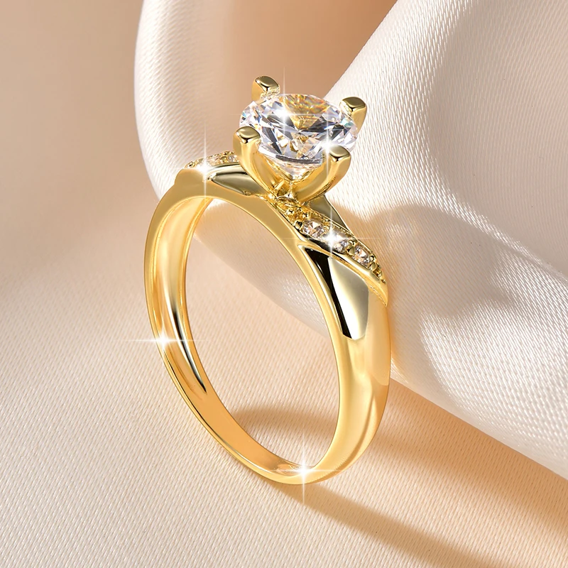 14K Vergoldeter CZ Labor-Diamant Versprechen-Ring 7mm Rundschliff Kubischer Zirkonia Hochzeits-Verlobungsringe für Frauen – Detail 5