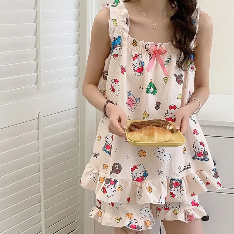 New Sanrios Pajamas Hello Kittys Sleeveless Strap Pajamas with Chest Pad Women's Loose Summer Sweet Cute Cartoon Homewear Dress