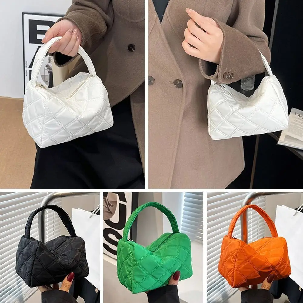 Fashion Polyester Nylon Quilted Tote Bag Black White Orange Green Lightweight Plaid Handbags Warm Down Cotton Padded Women