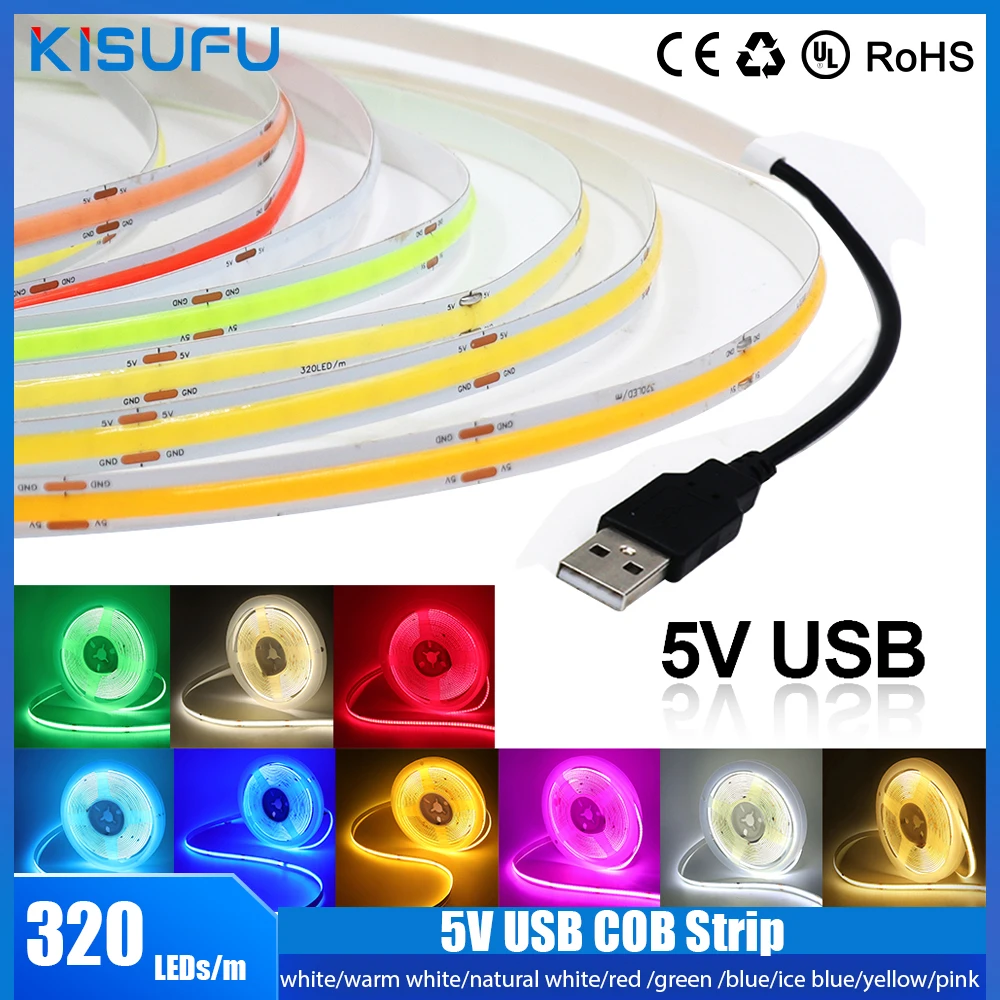 Tira COB USB de 5V CC, 320Leds/M PCB, 8MM, blanco/azul hielo/rosa/amarillo/rosa/rojo, cinta Flexible, lámpara nocturna, tira de LED para retroiluminación de TV