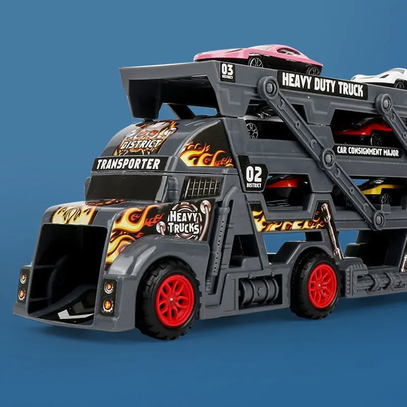 Zabawki dla chłopców: model ciężarówki transportującej przyczepy, trójstopniowa składana torowa kolejka z funkcją wyrzutu wagony, samochód napędzany ciuchem, prezenty dla dzieci.