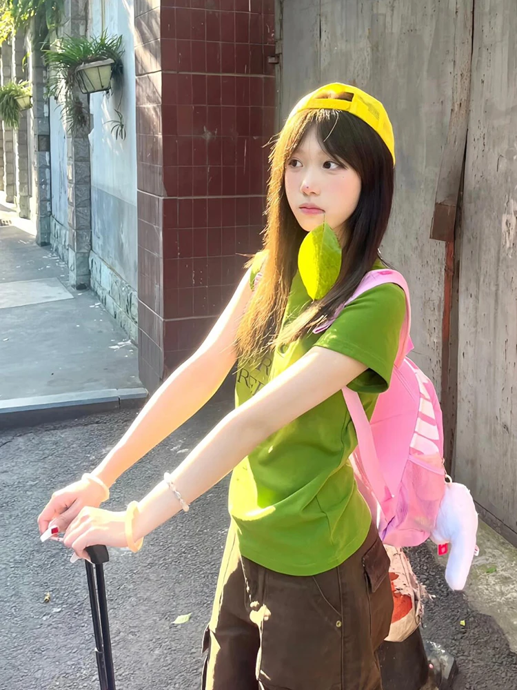 American Style Dopaamine Green Short Sleeve T-Shirt Women Summer Letter Print Slimming Versatile Hot Girl Top round Neck Pull...