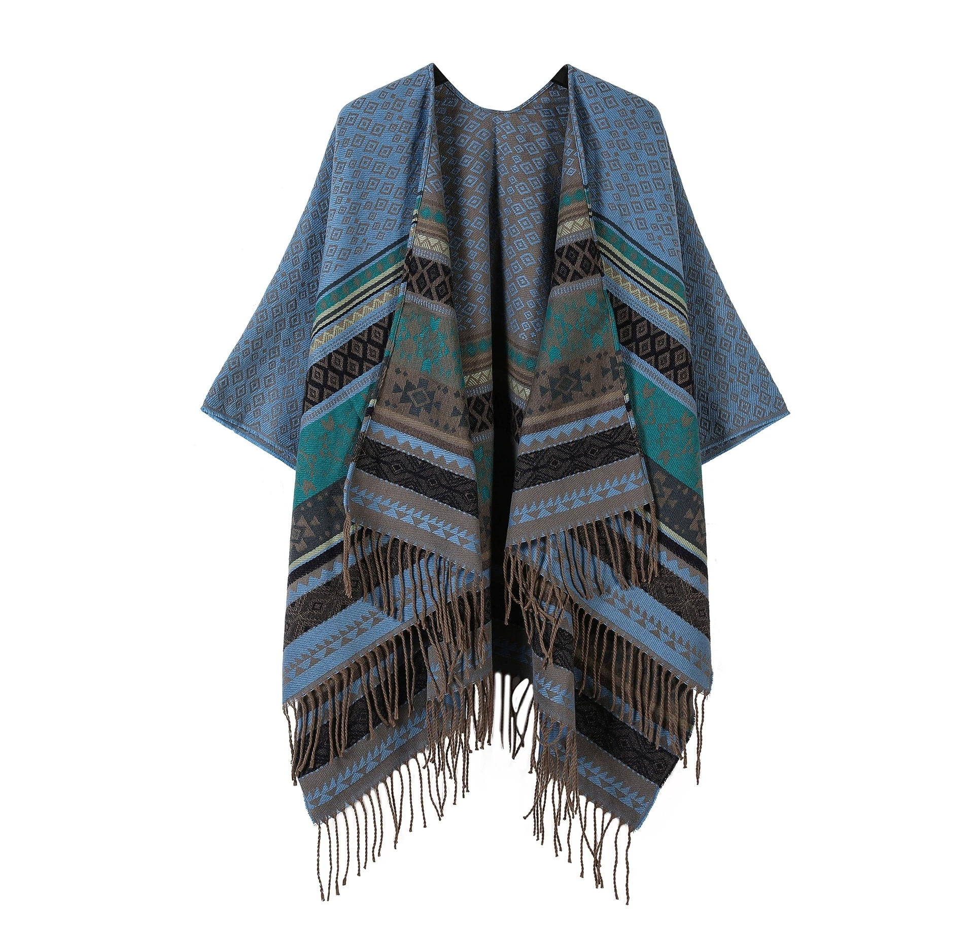 Autumn Winter New Street Geometric Lattice Flower Pattern Imitation Cashmere Warm Shawl Cloak Women Poncho Capes Red