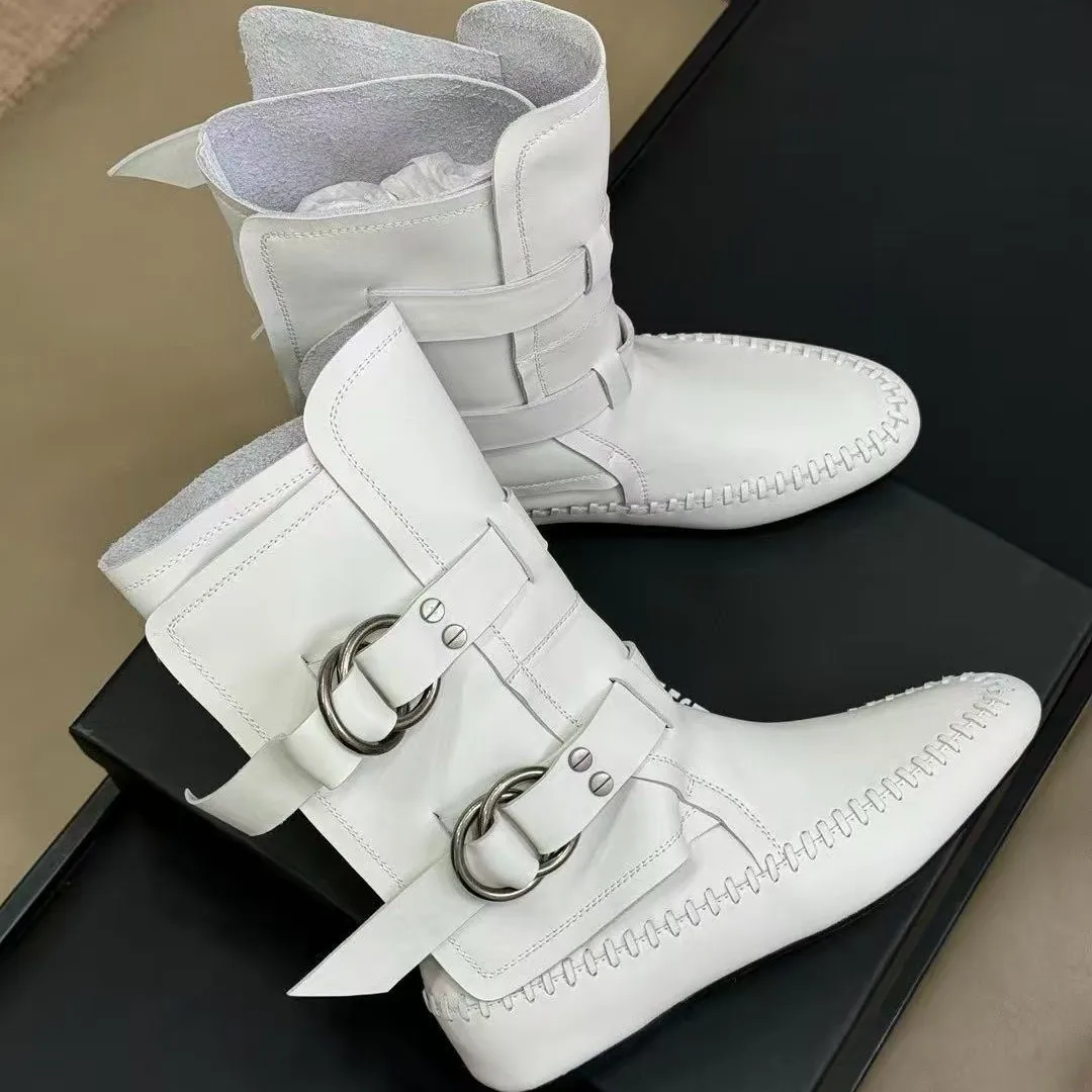 Women's Leather Ankle Boots Fashionable Flat Heel Boots with Multiple Buckle Straps Intricate Woven Edgy Punk Inspired Footwear