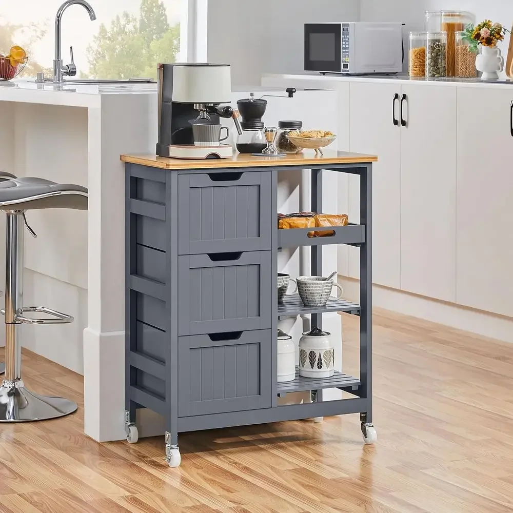 Kitchen Island Cart on Wheels, Rolling Storage Cart with Bamboo Countertop, 3 Ders, 3 Removable Shelves & Lockable Casters or Di