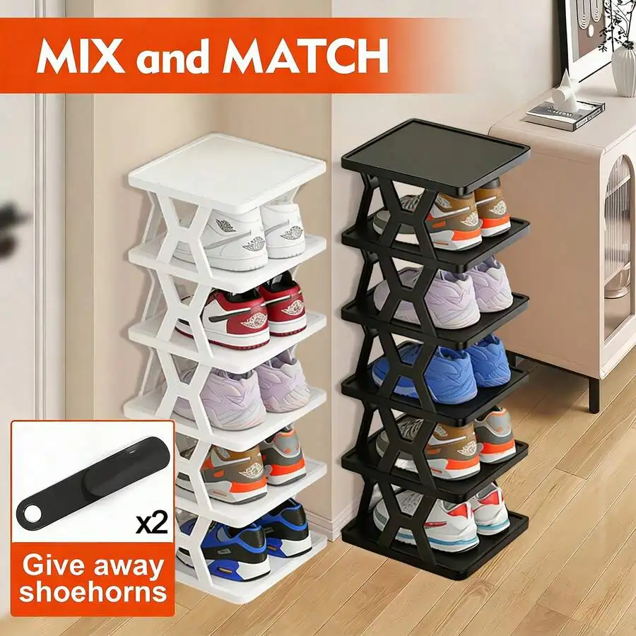 9/6 Tier Vertical Shoe Stand Space Saving Narrow Shoe Rack, Small Shoe Shelf, DIY Free Standing Shoes Storage Organizer For Entryway, Closet, Hallway, Easy Assembly And Stable In Structure, Black & White, Plastic Material, Consumables